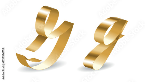 Golden Ribbon G Letters with Shadows. Vector Alphabet 3D Signs Isolated on White Background