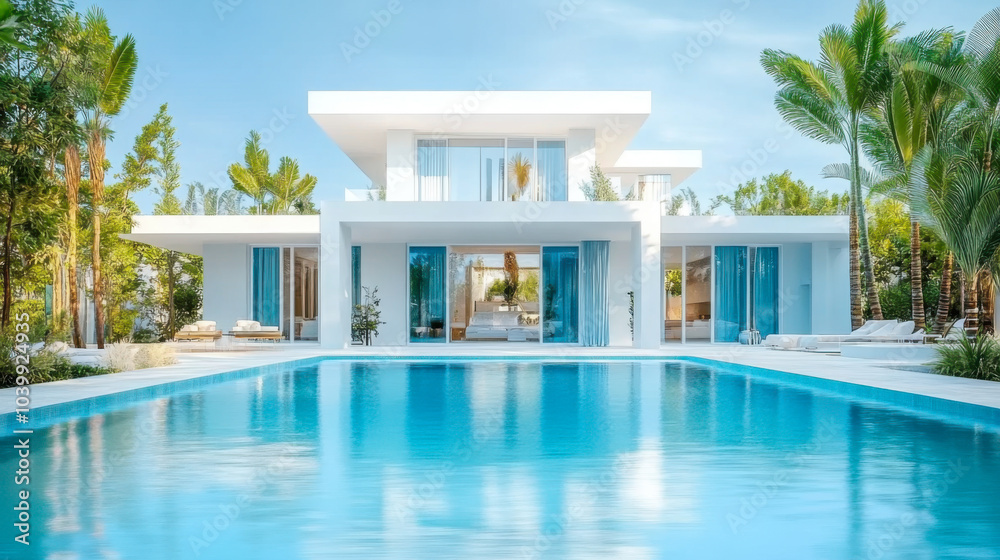 Fototapeta premium white villa with impressive garden and pool