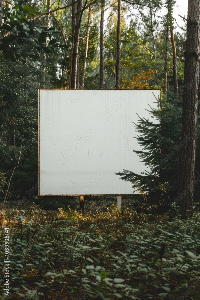 Blank Outdoor Billboard in Forest Setting Amidst Lush Green Trees Blank Outdoor Billboard in Forest Setting Amidst Lush Green Trees