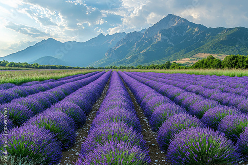 Lavender fields stretching towards mountains under bright blue sky