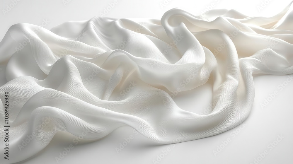 Fototapeta premium elegant flying white silk fabric gracefully billowing in the air set against a pristine white background creating an ethereal light atmosphere that suggests freedom and tranquility