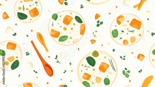 A seamless pattern of colorful, illustrated bowls of creamy soup with carrots, herbs, and a wooden spoon.