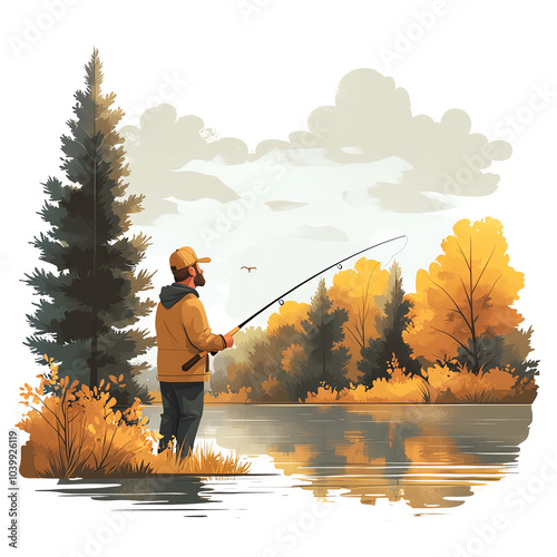 A serene scene of a fisherman casting a line into a tranquil lake surrounded by vibrant autumn foliage.