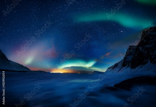 A night sky filled with stars and vibrant aurora borealis reflected on a frozen lake, with silhouetted mountain peaks in the background.