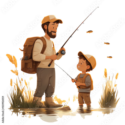 A joyful day at the lake with a father and son fishing together, creating cherished memories in nature.