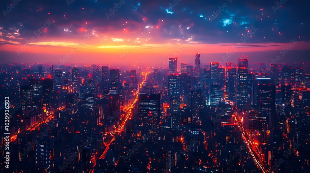 Fototapeta premium A breathtaking aerial view of a city skyline at sunset, with a colorful sky and glowing lights illuminating the cityscape.