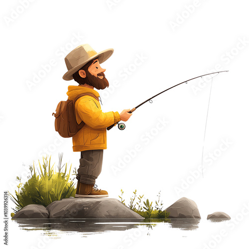 A cartoon fisherman casting a line into tranquil waters, surrounded by nature and wildlife. Perfect for outdoor and leisure themes.