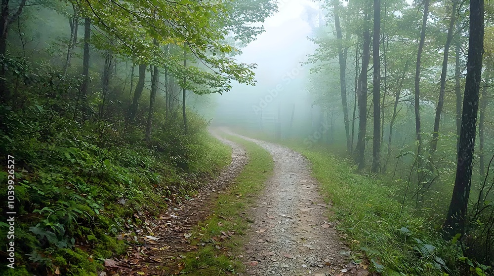 Obraz premium Misty Forest Path Winding Through Serene Wooded Landscape