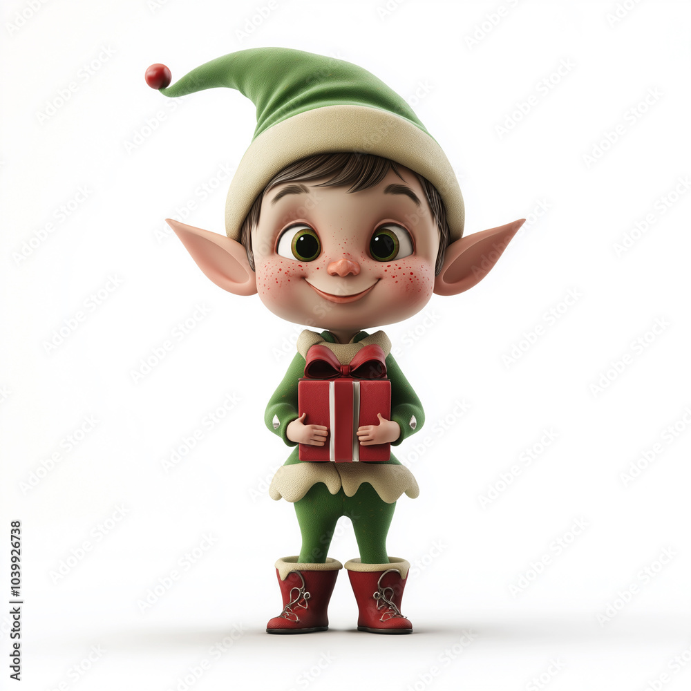 Cheerful Cartoon Elf Holding a Gift Cheerful Cartoon Elf Holding a Gift