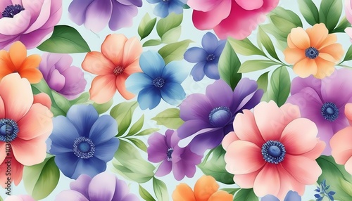 Illustration of cartoon flower and leaf wallpaper, with bright colors and an abstract style