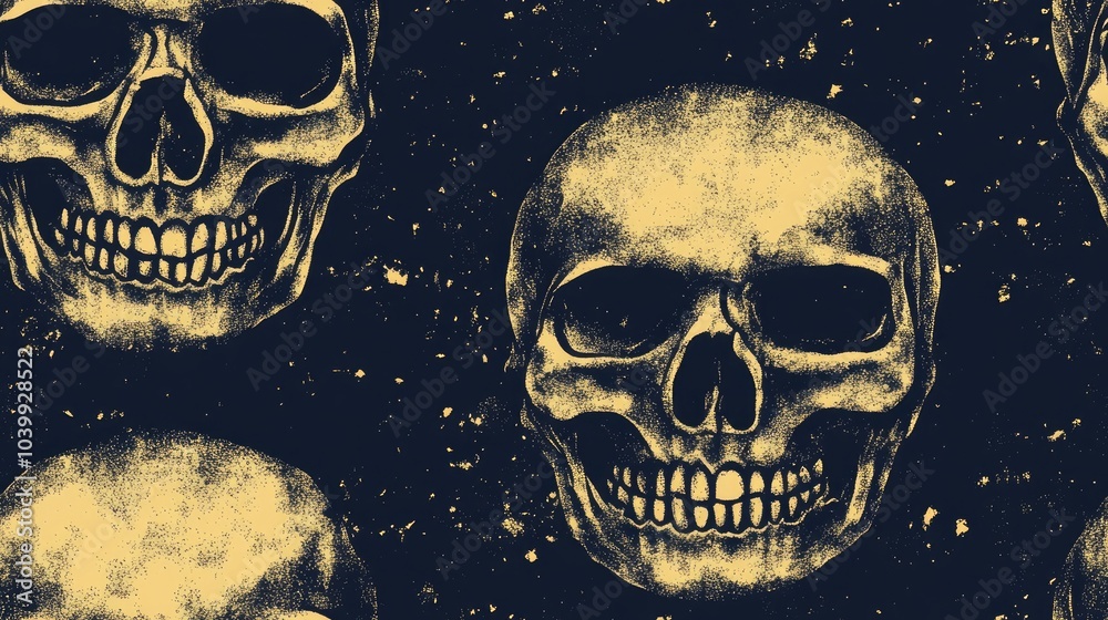 A seamless pattern of skulls with a grunge effect on a dark blue background. A seamless pattern of skulls with a grunge effect on a dark blue background.