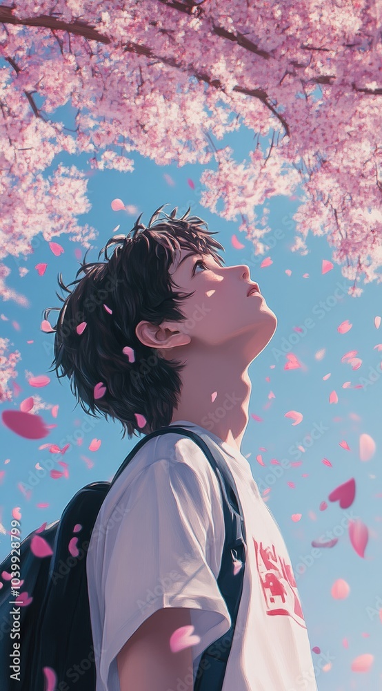 Fototapeta premium A young person gazes upward amidst falling cherry blossom petals against a clear blue sky.