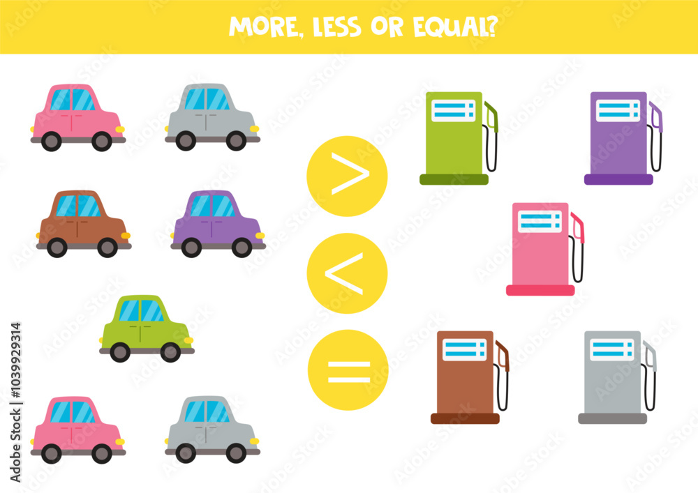 More, less, equal with cartoon colourful cars and gas stations. Colorful worksheet. More, less, equal with cartoon colourful cars and gas stations. Colorful worksheet.