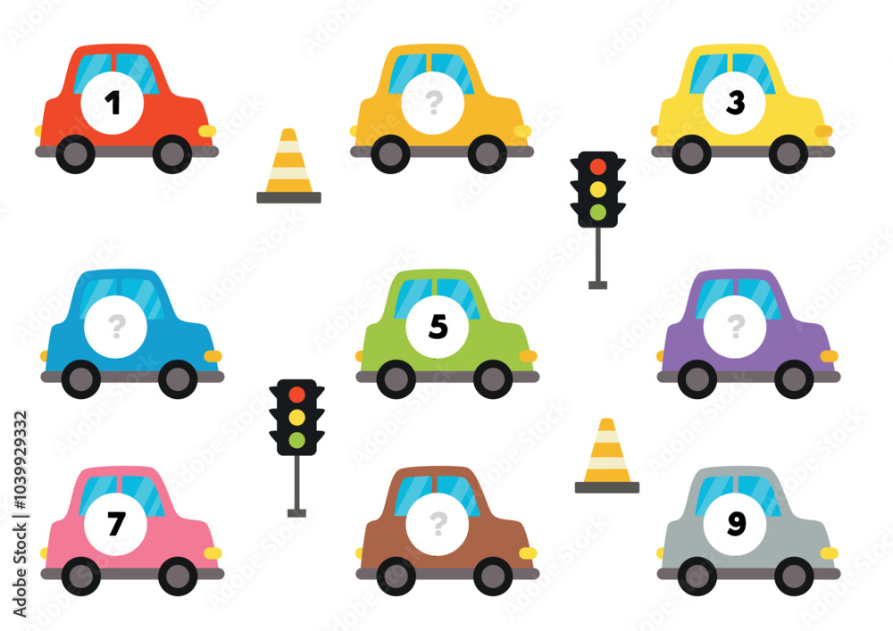 Fototapeta premium Count and write missing numbers. Counting game with cars.