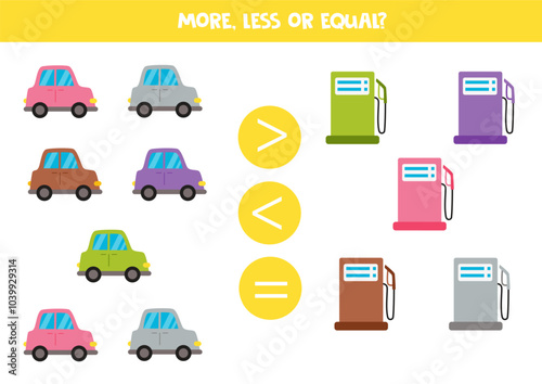 More, less, equal with cartoon colourful cars and gas stations. Colorful worksheet.