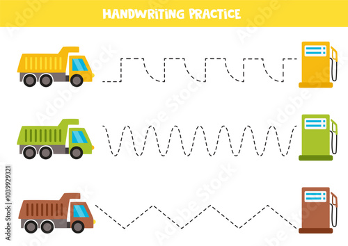 Tracing lines for kids. Cartoon colorful trucks and gas stations. Handwriting practice.