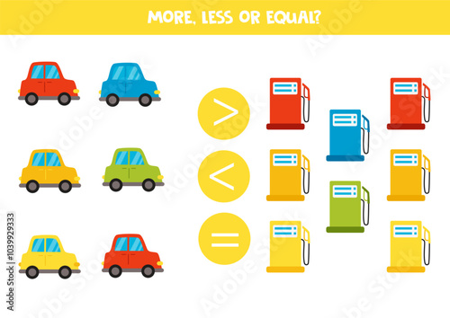 More, less, equal with cartoon colourful cars and gas stations. Colorful worksheet.