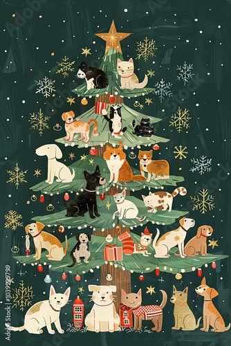 Christmas postcard in style of folkart with cars and dogs sitting near it.