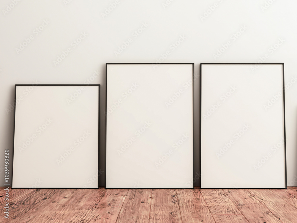 3 frames mockup scene on white wall and hardwood floor, 3d render illustration. Black slim metal frame mockup home art interior design. 3 frames mockup scene on white wall and hardwood floor, 3d render illustration. Black slim metal frame mockup home art interior design.