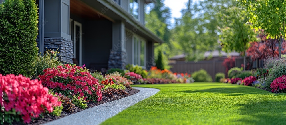 Fototapeta premium Landscaped Garden with Lush Greenery and Blooming Flowers
