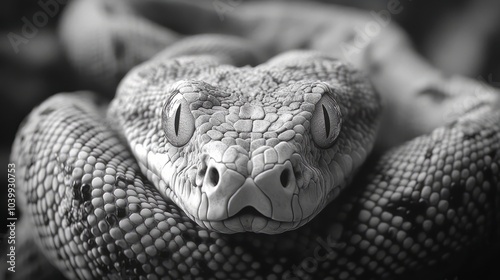 A close-up black and white photo of a snake with its eyes open, showing scales and details of its face.