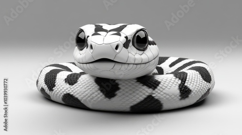 A close-up of a black and white snake with large eyes looking directly at the camera.