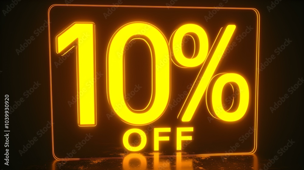 Yellow '10% OFF' Neon Sign on an elegant Dark Background Yellow '10% OFF' Neon Sign on an elegant Dark Background