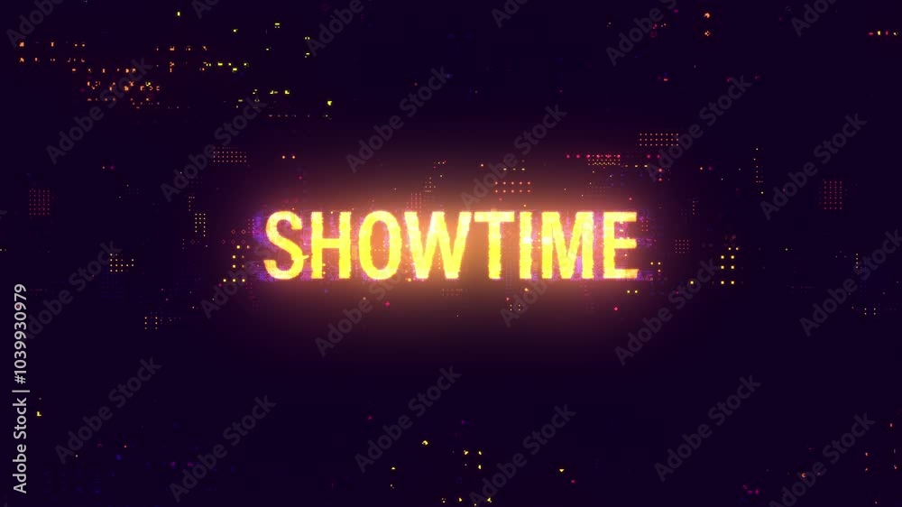 3D animation of Showtime glow neon glitch text digital effect cinematic title background. Ending cover for intro, title banner. colorful retro gaming console style. 3D animation of Showtime glow neon glitch text digital effect cinematic title background. Ending cover for intro, title banner. colorful retro gaming console style.