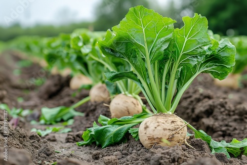 A close-up of a sugar beet root in a field in the lovely morning sunlight with enough of room for using as a textural backdrop, Generative AI.
