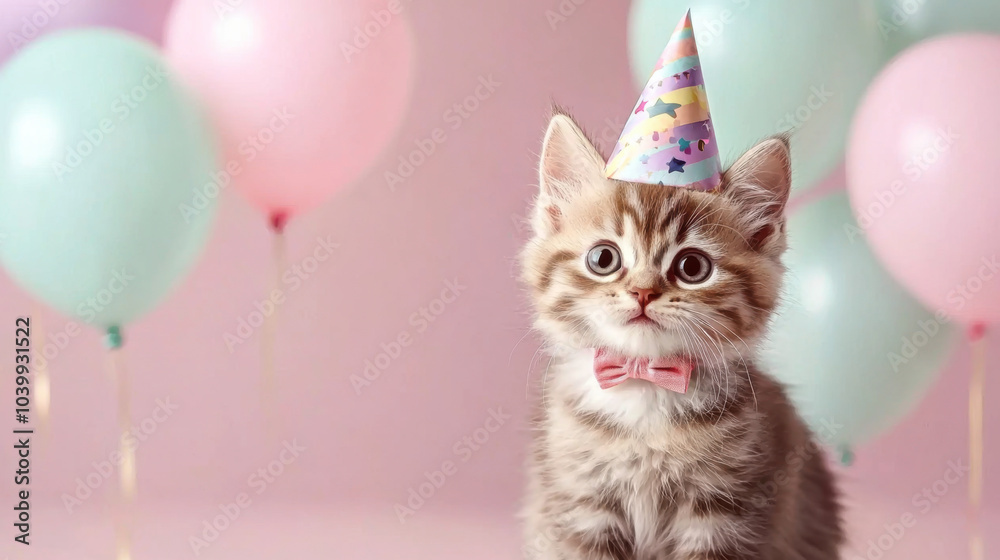 Adorable kitten wearing a party hat, surrounded by pastel balloons, perfect for celebrations, birthdays, and pet events. Adorable kitten wearing a party hat, surrounded by pastel balloons, perfect for celebrations, birthdays, and pet events.