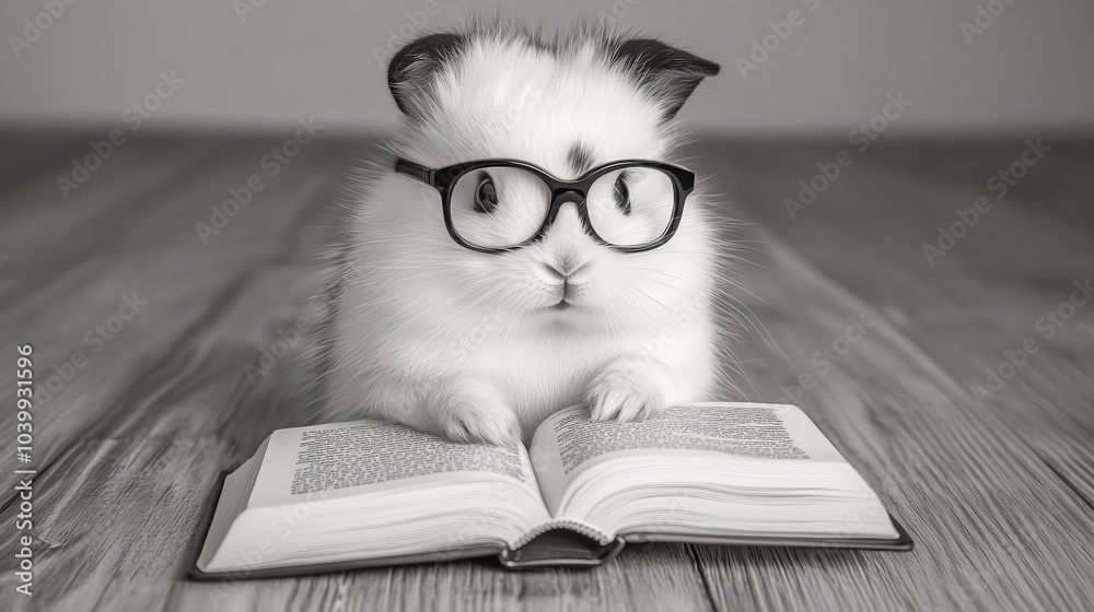 A cute bunny rabbit wearing glasses sits on a book, reading. A cute bunny rabbit wearing glasses sits on a book, reading.