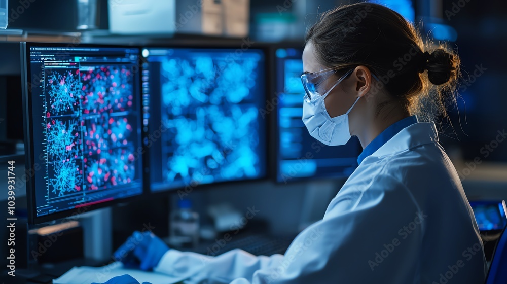 Technician in micrological lab developing nextgen microbial diagnostics front view Highlighting innovations in diagnostic technology Scifi tone Tetradic color scheme Technician in micrological lab developing nextgen microbial diagnostics front view Highlighting innovations in diagnostic technology Scifi tone Tetradic color scheme