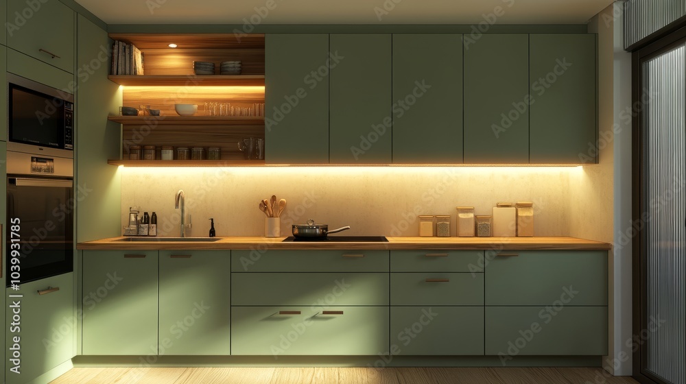 3D rendering of a minimalist kitchen with sage-green cabinets, natural wood counters, and soft lighting. 3D rendering of a minimalist kitchen with sage-green cabinets, natural wood counters, and soft lighting.