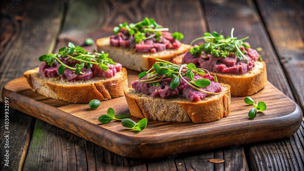 Duck Rillettes Pate Toasts with Sprouts on Wooden Board for Culinary Photography Duck Rillettes Pate Toasts with Sprouts on Wooden Board for Culinary Photography