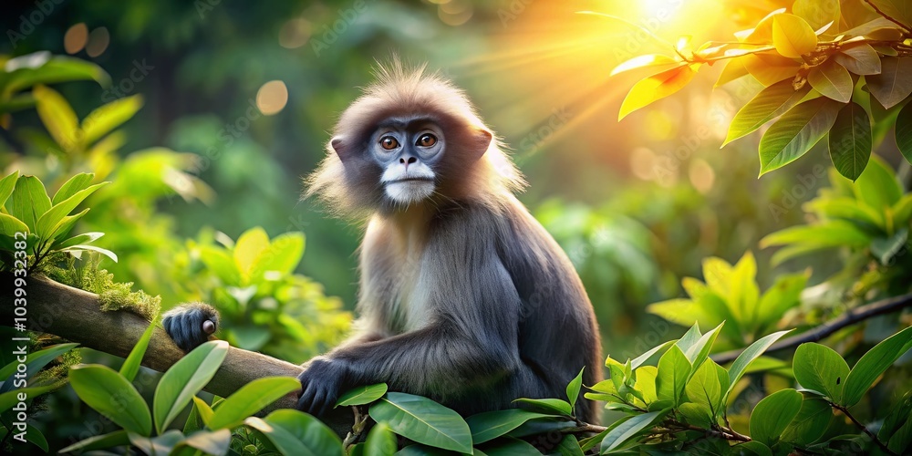 Obraz premium Dusky Langur Monkey in Lush Asian Forest - Captivating Wildlife Landscape Photography