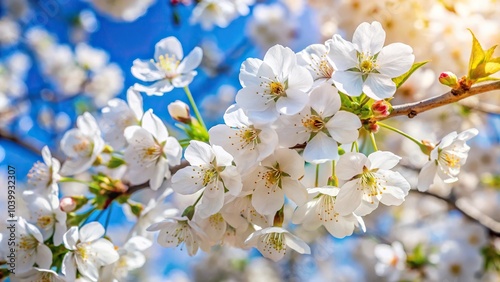 Close-up shot of sunny white wild cherry blossoms in springtime prunus avium