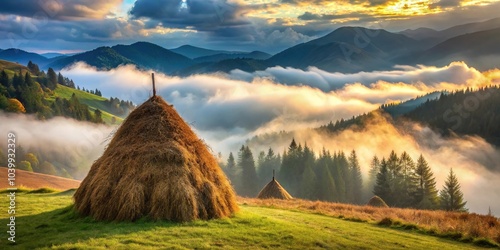 Close-up shot of stunning mountain scenery with mist and a haystack photo