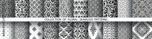 Geometric floral set of seamless patterns. White and black vector backgrounds. Damask graphic ornaments.