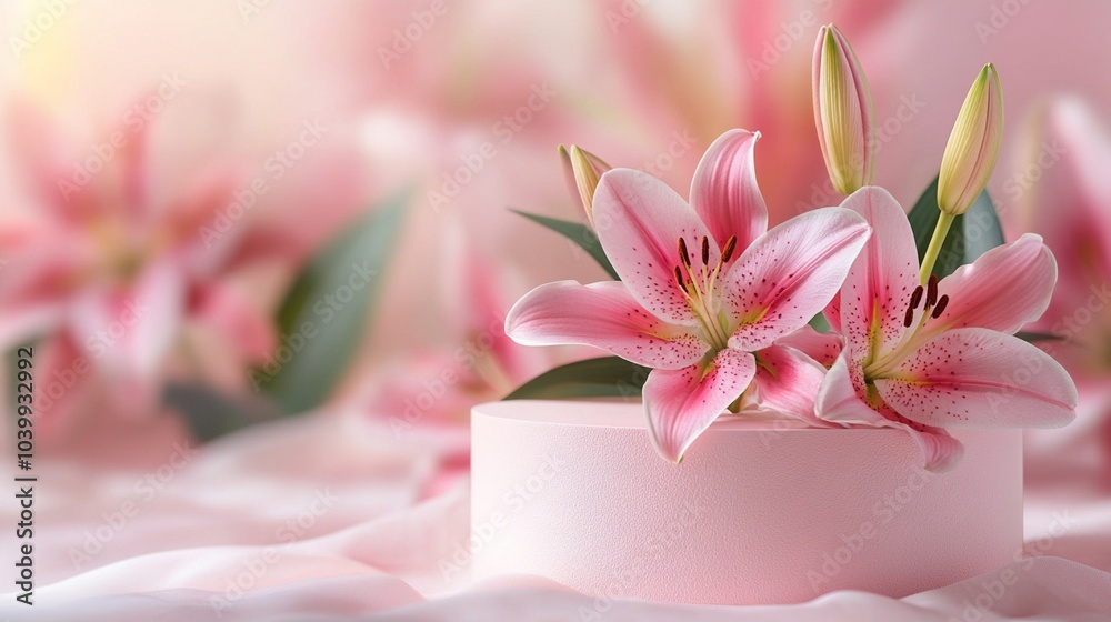 Delicate pink lilies bloom atop a soft circular platform, their petals ...