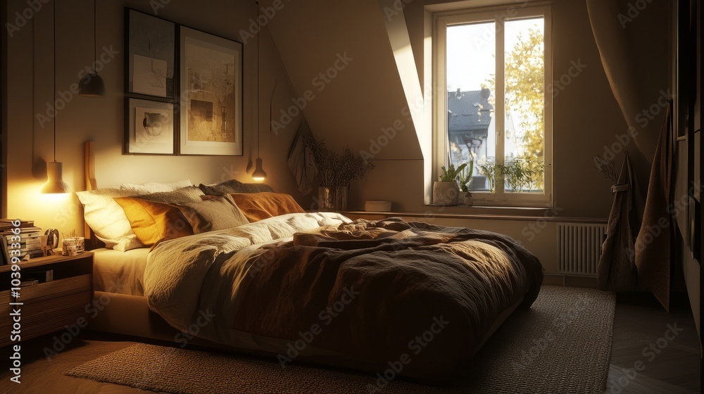 Fototapeta premium Loft-style bedroom in a Scandinavian apartment with soft textiles, muted colors, and modern light fixtures.
