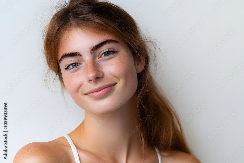 Young Pretty caucasian woman isolated on white background with happy expression. Close up portrait
