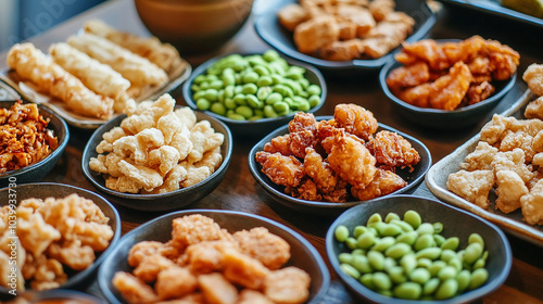 Japanese bar snacks variety in a casual setting