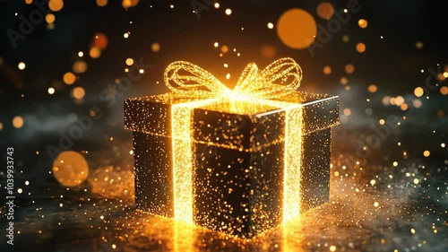 Glittering golden gift box with sparkling lights on festive background for holiday celebration, christmas and new year gifts