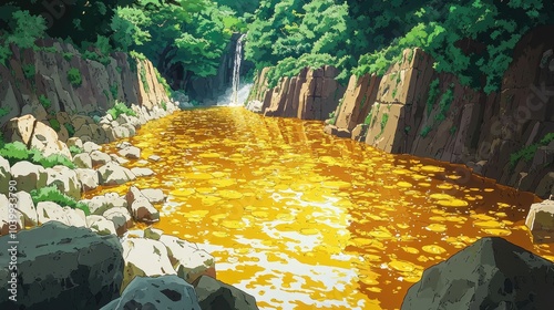 A serene river with a waterfall in the background. The water is a golden color, reflecting the sunlight, and there are large rocks along the banks.