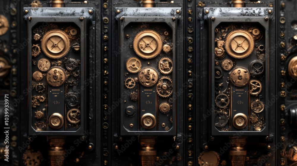 Steampunk-inspired compostable packaging with mechanical elements, organic materials combined with gears and pipes, dark metallic tones, intricate details, 3D render Steampunk-inspired compostable packaging with mechanical elements, organic materials combined with gears and pipes, dark metallic tones, intricate details, 3D render