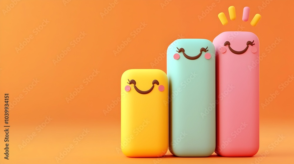Cute 3D Graph Icons with Happy Expressions and Rounded Bars for Business Data Visualization Cute 3D Graph Icons with Happy Expressions and Rounded Bars for Business Data Visualization