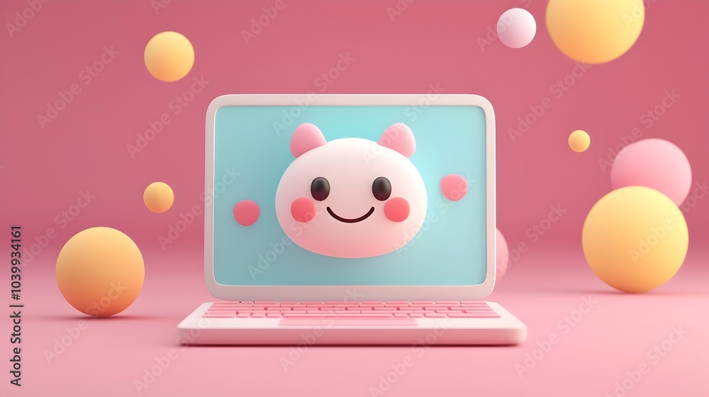 Cheerful 3D Laptop Icon with Smiling Screen in Pastel Colors,Symbolizing Work from Home Cheerful 3D Laptop Icon with Smiling Screen in Pastel Colors,Symbolizing Work from Home