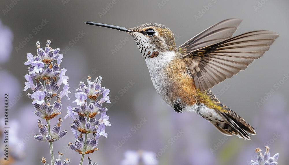 Fototapeta premium Hummingbird flying over flower, beauty in nature captured generated by AI