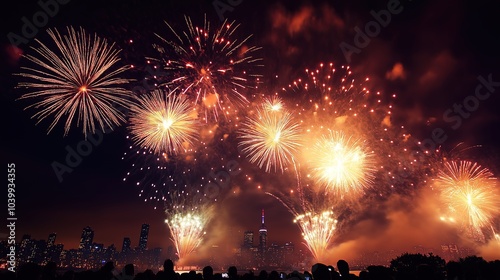 Fireworks display over Toronto (Canada) sky, on occation of new year or Canada Day