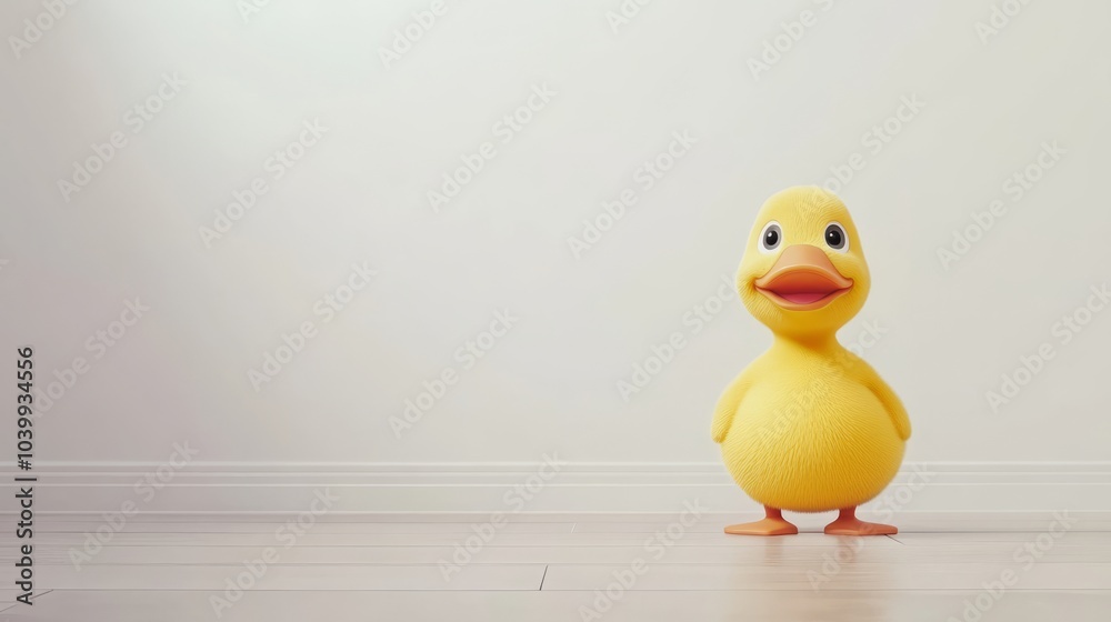 A cute yellow rubber duckling standing on a wooden floor in front of a white wall. A cute yellow rubber duckling standing on a wooden floor in front of a white wall.